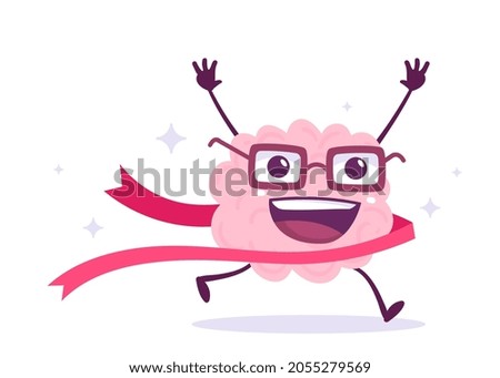 Vector Creative Illustration of Happy Champion Brain in Glasses Run through Tape on White Color Background. Flat Doodle Style Knowledge Concept Design of Happy Smile Human Brain Character for Web
