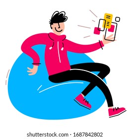 Vector creative illustration of happy guy with smartphone sitting on soft chair on white background. Young happy man in casual clothes with positive emotion. Flat cartoon style design of people