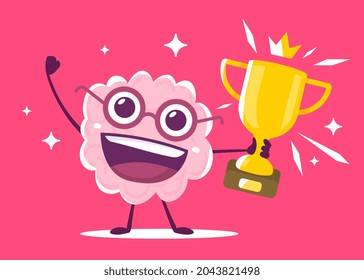 Vector Creative Illustration of Happy Human Brain Character with Golden Winner Cup on Pink Color Background. Flat Style Knowledge Concept Design of Happy Champion Brain in Glasses for Web, Poster