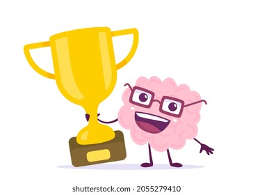 Vector Creative Illustration of Happy Human Brain Character with Golden Winner Cup on White Color Background. Flat Style Knowledge Concept Design of Happy Champion Smile Brain in Glasses for Web, Site