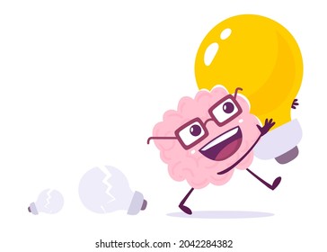 Ilustración vectorial creativa del personaje del cerebro humano rosa feliz en lentes con bombilla amarilla en fondo blanco. Diseño de concepto de conocimiento de estilo plano para el cerebro feliz y la idea para la pancarta web