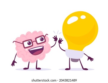 Vector Creative Illustration of Happy Pink Human Brain Character in Glasses and Yellow Light Bulb on White Background. Flat Style Knowledge Concept Design of Happy Brain and Save Energy Idea for Print