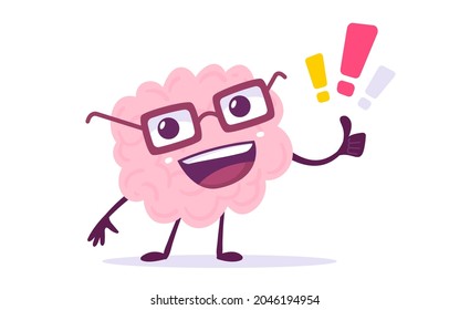 Vector Creative Illustration of Happy Pink Human Brain Character with Gesture Thumb Up and Exclamation Point on White Color Background. Flat Doodle Style Knowledge Concept Design of Emotional Brain