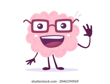 Vector Creative Illustration of Happy Pink Human Brain Character in Glasses with Smile Waves Hand in Greeting on White Background. Flat Doodle Style Knowledge Concept Design of Happy Brain for Banner