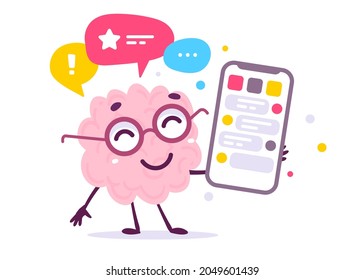 Vector Creative Illustration of Happy Pink Human Brain Character with Smart Phone and Speech Bubble on White Color Background. Flat Doodle Style Knowledge Concept Design of Emotional Brain in Glasses