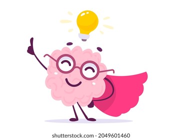 Vector Creative Illustration of Happy Pink Human Brain Character in Glasses with Light Bulb on White Background. Flat Doodle Style Knowledge Concept Design of Happy Brain Super Man for Web, Banner