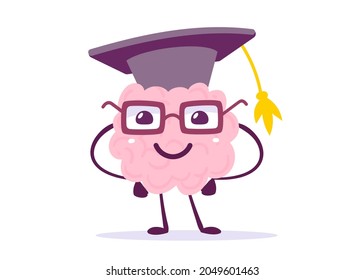 Vector Creative Illustration of Happy Pink Human Brain Character in Glasses and Graduate Cap on White Background. Flat Doodle Style Graduation Knowledge Concept Design of Happy Brain for Web, Banner