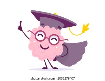 Vector Creative Illustration of Happy Pink Human Brain Character in Glasses, Graduate Cap and Gown on White Background. Flat Doodle Style Graduation Knowledge Concept Design of Happy Brain