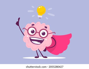 Ilustración vectorial creativa del personaje de cerebro humano rosa feliz en lentes con bombilla de luz sobre fondo de color. Diseño de Conocimiento de Estilo Doodle Plano Super Hombre de Bravo Sonriente Feliz con Ropa