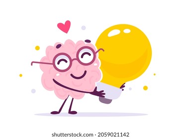 Ilustración vectorial creativa del personaje del cerebro humano rosa feliz en lentes de vidrio abrazo la bombilla amarilla en fondo blanco. Diseño de concepto de conocimiento de estilo plano para el cerebro feliz y ahorrar energía para la Web