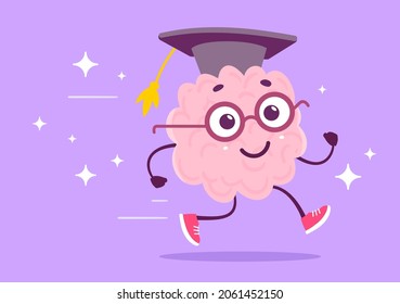 Vector Creative Illustration of Happy Pink Human Brain Character in Glasses and Graduate Cap on Color Background. Flat Doodle Style Graduation Knowledge Concept Design of Happy Running Brain for Web