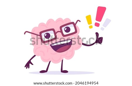 Vector Creative Illustration of Happy Pink Human Brain Character with Gesture Thumb Up and Exclamation Point on White Color Background. Flat Doodle Style Knowledge Concept Design of Emotional Brain