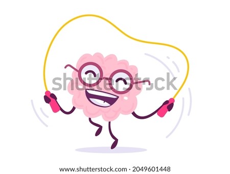 Vector Creative Illustration of Happy Pink Human Brain Character Jumping Rope on White Color Background. Flat Doodle Style Knowledge Concept Design of Emotional Brain in Glasses for Sport Web Site, 