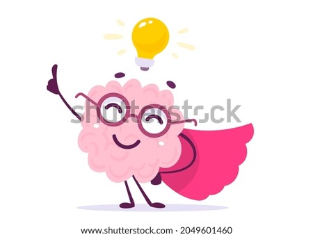 Vector Creative Illustration of Happy Pink Human Brain Character in Glasses with Light Bulb on White Background. Flat Doodle Style Knowledge Concept Design of Happy Brain Super Man for Web, Banner