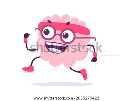 Vector Creative Illustration of Happy Run Brain in Glasses on White Color Background. Flat Doodle Style Knowledge Concept Design of Happy Smile Human Brain Character for Web, Site, Banner, Poster