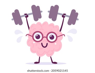 Vector Creative Illustration of Happy Strong Pink Human Brain Character in Glasses Lifting Weight on White Background. Flat Doodle Style Knowledge Concept Design of Emotional Brain with Sweat for Web