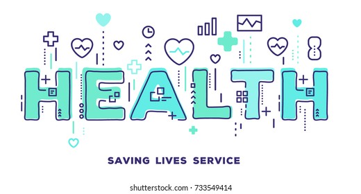 Vector creative illustration of health green word lettering typography with line icons and tag cloud on white background. Health care concept. Thin line art style design for medical web banner