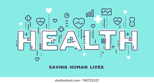 Vector creative illustration of health white word lettering typography with line icons and tag cloud on blue background. Health care concept. Thin line art style design for medical web banner