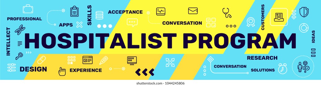 Vector creative illustration of hospitalist program word typography with line icon, tag cloud. Hospital concept on blue background. Thin line art style design for business social media web banner
