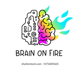 Vector Creative Illustration Of Human Brain With Mechanism Circuitry And Colorful Flame Of Fire On White Background. Line Art Style Design Of Burning Brain With Text For Web, Site, Banner, Poster