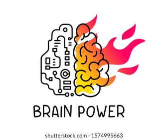 Vector Creative Illustration Of Human Burning Brain On White Background. Brain With Mechanism Circuitry And Red Flame Of Fire With Text. Line Art Style Design For Web, Site, Banner, Poster