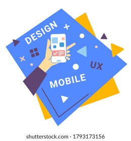 Vector creative illustration of human hand hold smart phone with tag word on blue color background. Flat line art style design for web, site, banner, mobile app