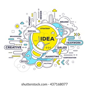 Vector creative illustration of creative idea with light bulb, tag cloud on white background. Idea technology concept. Hand draw thin line art style design with light bulb for create idea, brainstorm