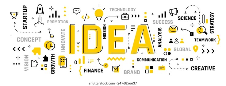 Ilustración creativa del Vector de la tipografía de la palabra de la idea con el icono de la línea, nube de la palabra en fondo blanco del color. Concepto de infografía de negocios. Diseño creativo de estilo de arte de línea para Anuncio digital, póster