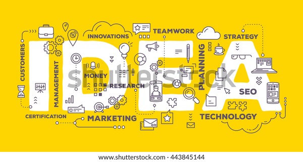 Vector creative illustration of idea word\
lettering typography with line icons and tag cloud on yellow\
background. Creative idea concept. Thin line art style design for\
business idea, website\
banner