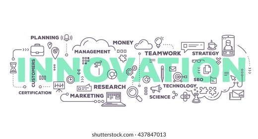 Vector creative illustration of innovation word lettering typography with line icons and tag cloud on white background. Business innovation technology concept. Thin line art style design of innovation