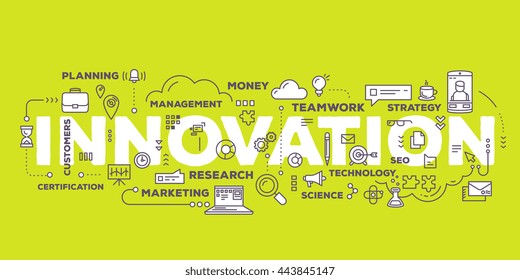 Vector Creative Illustration Of Innovation Word Lettering Typography With Line Icons And Tag Cloud On Green Background. Business Innovation Technology Concept. Thin Line Art Style Design Of Innovation