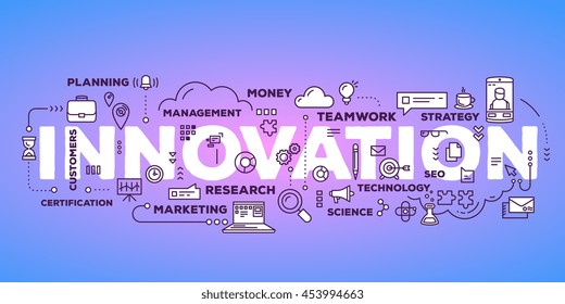 Vector creative illustration of innovation word lettering typography with line icons, tag cloud on gradient background. Business innovation technology concept. Thin line art style design of innovation