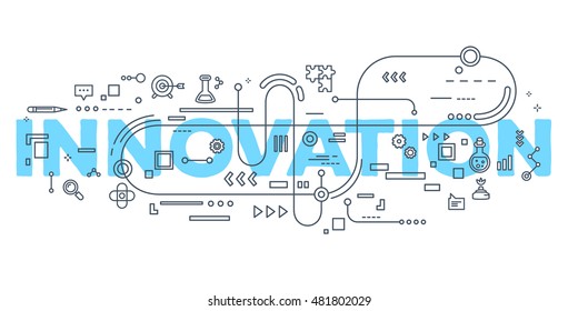 Vector creative illustration of innovation word lettering typography with line icons on white background. Innovation technology concept. Thin line art style design for innovation technology theme - Shutterstock ID 481802029