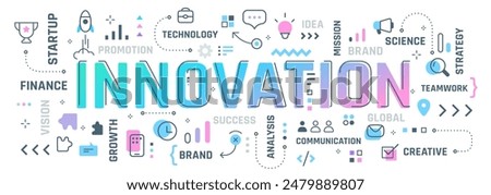 Vector creative illustration of innovation word typography with line icon, word cloud on white color background. Innovation business infographic colorful concept. Line art style design for banner
