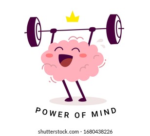 Vector creative illustration of king strong happy pink human brain character with crown easy lifting barbell on white background. Flat style education concept design of brain for web, banner, poster