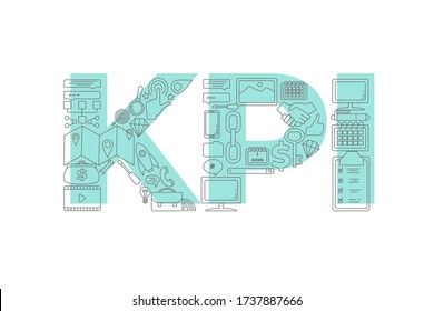 Vector creative illustration of KPI word lettering typography with line icons on white background. Marketing concept. Key Performance Indicators.