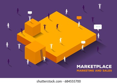Vector creative illustration of large isometric yellow cubes and group of connecting business people with speech bubbles. Marketplace concept. Stylish design for business presentation, poster, banner
