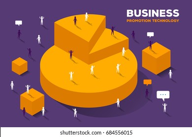 Vector creative illustration of large isometric yellow pie chart and group of connecting business people with speech bubbles. Business financial concept. Stylish design for business presentation, web - Powered by Shutterstock - Get 15% off with code: PIKWIZARD15