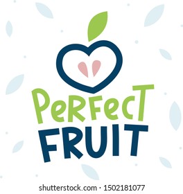 Vector creative illustration with lettering text and apple fruit with green leaf on white background. Line art flat style design for web, site, banner, poster, label, logo