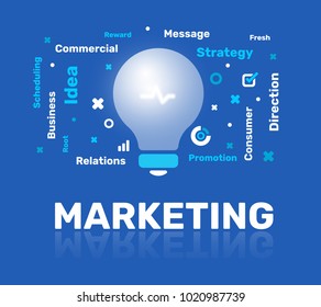 Vector creative illustration of light bulb, word cloud and title marketing on blue background. Idea inspiration concept. Flat style design of light bulb for web, site, banner