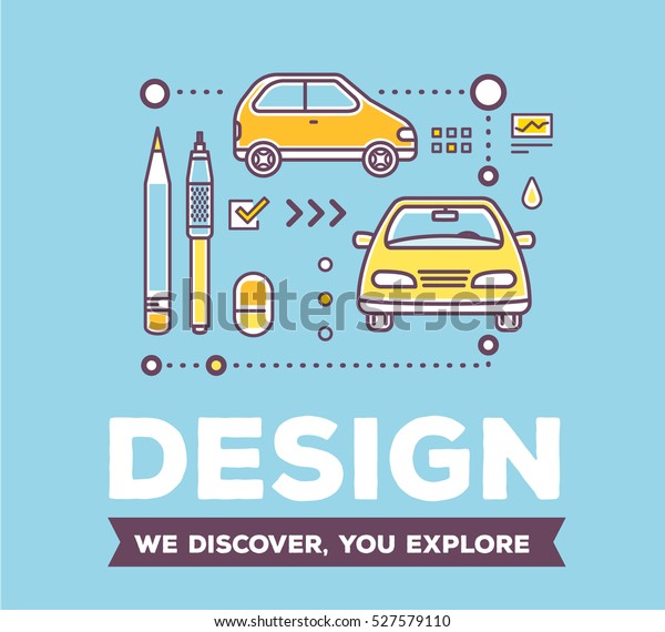 Vector creative illustration of linear yellow car\
with drawing tools, icons and header on blue background. Design of\
car concept. Flat thin line art style design for creative car\
design studio