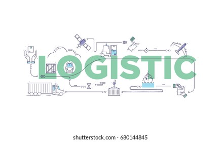 Vector creative illustration of logistic word lettering typography with line icons on white background. Branding technology concept for delivery service, shipping, distribution, communicate concepts.