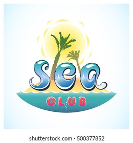 Vector creative illustration logo marine theme. The letters in the form of drops on a background waves and sky with the sun and palms. Red inscription club.
