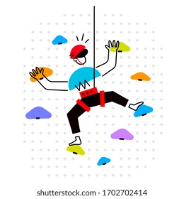 Vector creative illustration of man climbing on wall with stone on white background. Young happy sport male is training for health. Flat cartoon style design of people for web, site, poster, banner 