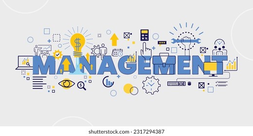 Vector creative illustration of management word lettering typography with line icons and management icon elements, on white background. Business time, risk management technology concept. 