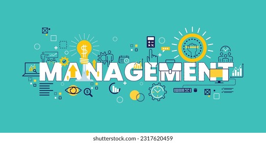 Vector creative illustration of management word lettering typography with line icons and management icon elements. Business time, risk management technology concept. Thin line art style design.