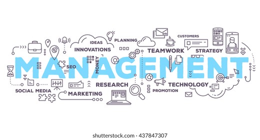 Vector creative illustration of management word lettering typography with line icons and tag cloud on white background. Business time, risk management technology concept. Thin line art style design