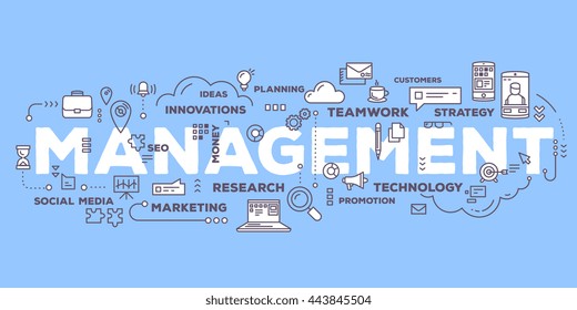 Vector creative illustration of management word lettering typography with line icons and tag cloud on blue background. Business time, risk management technology concept. Thin line art style design