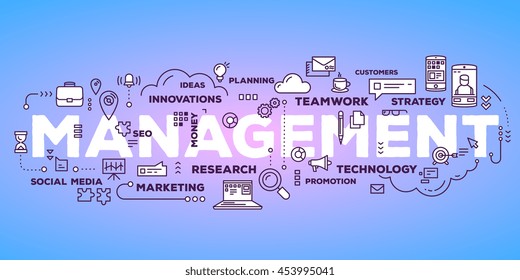 Vector creative illustration of management word lettering typography with line icons, tag cloud on glow gradient background. Business risk management technology concept. Thin line art style design