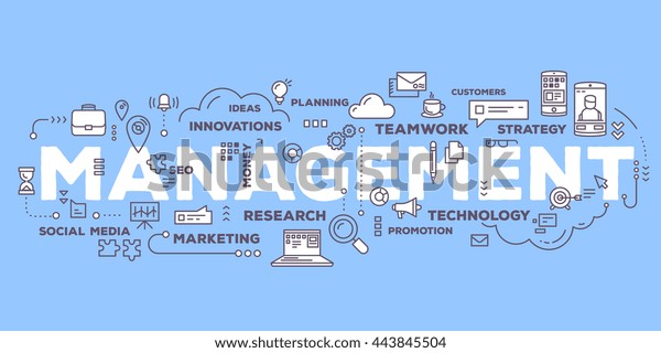 青の背景に線のアイコンとタグクラウドを使用した 管理用語の文字タイポグラフィのベクタークリエイティブイラスト ビジネスタイム リスク管理テクノロジーのコンセプト 細い線画スタイルのデザイン のベクター画像素材 ロイヤリティフリー